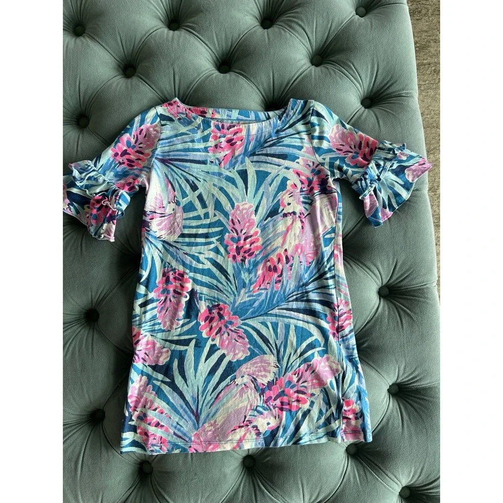 Lilly Pulitzer Mrs Peacock Blue Tweethearts Lula Ruffle Sleeve Dress Youth Med M